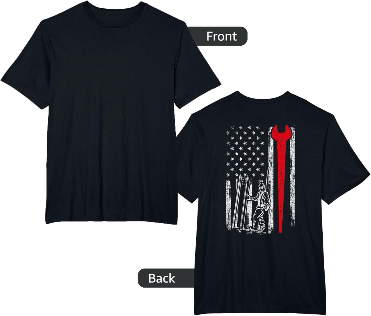 American USA Flag Ironworker Design On Back Vintage Novelty T-Shirt - Black
