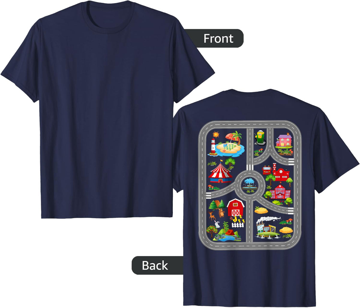 Play Cars On Dad's Back Mat Road Car Race Track T-Shirt - Navy Blue
