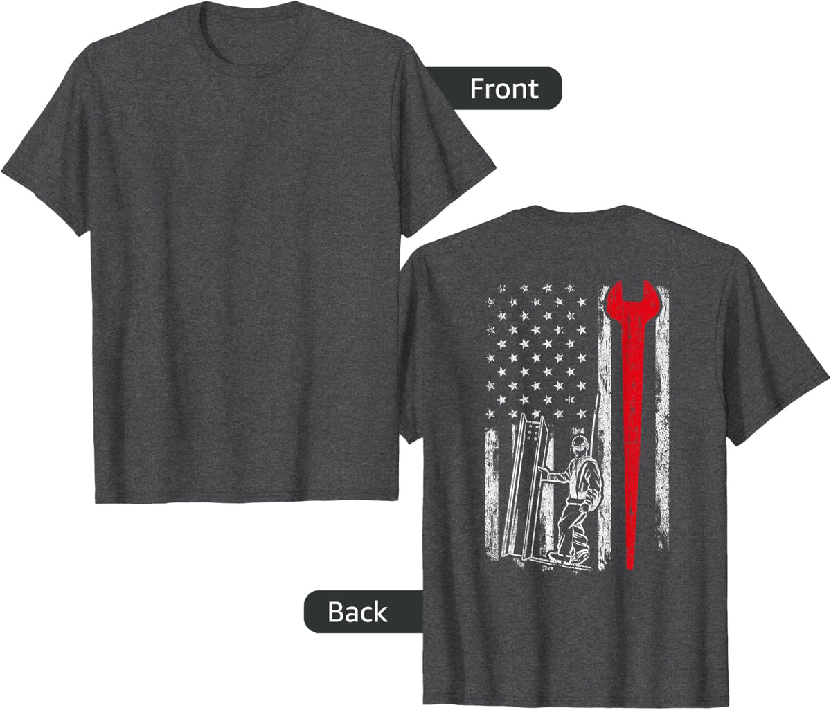 American USA Flag Ironworker Design On Back Vintage Novelty T-Shirt - Dark Heather Grey