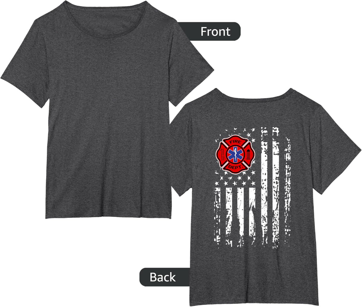 Firefighter EMT Shirt Firefighter EMS USA Flag Back Print T-Shirt - Dark Heather Grey