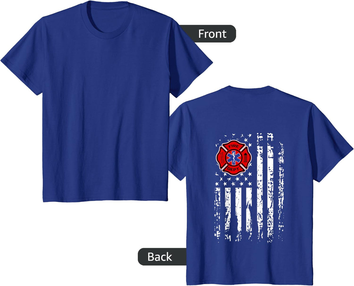 Firefighter EMT Shirt Firefighter EMS USA Flag Back Print T-Shirt - Royal Blue
