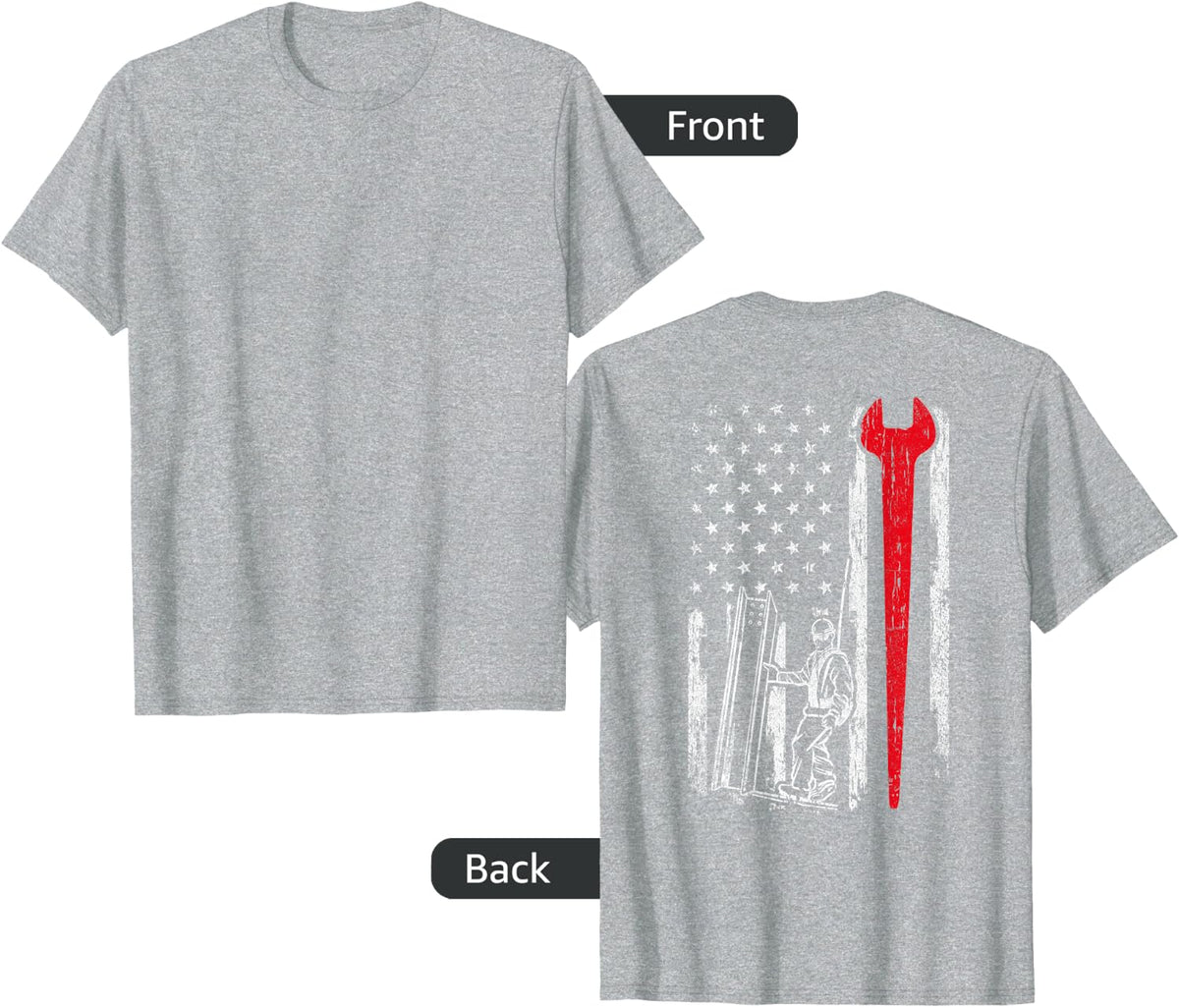 American USA Flag Ironworker Design On Back Vintage Novelty T-Shirt - Heather Grey