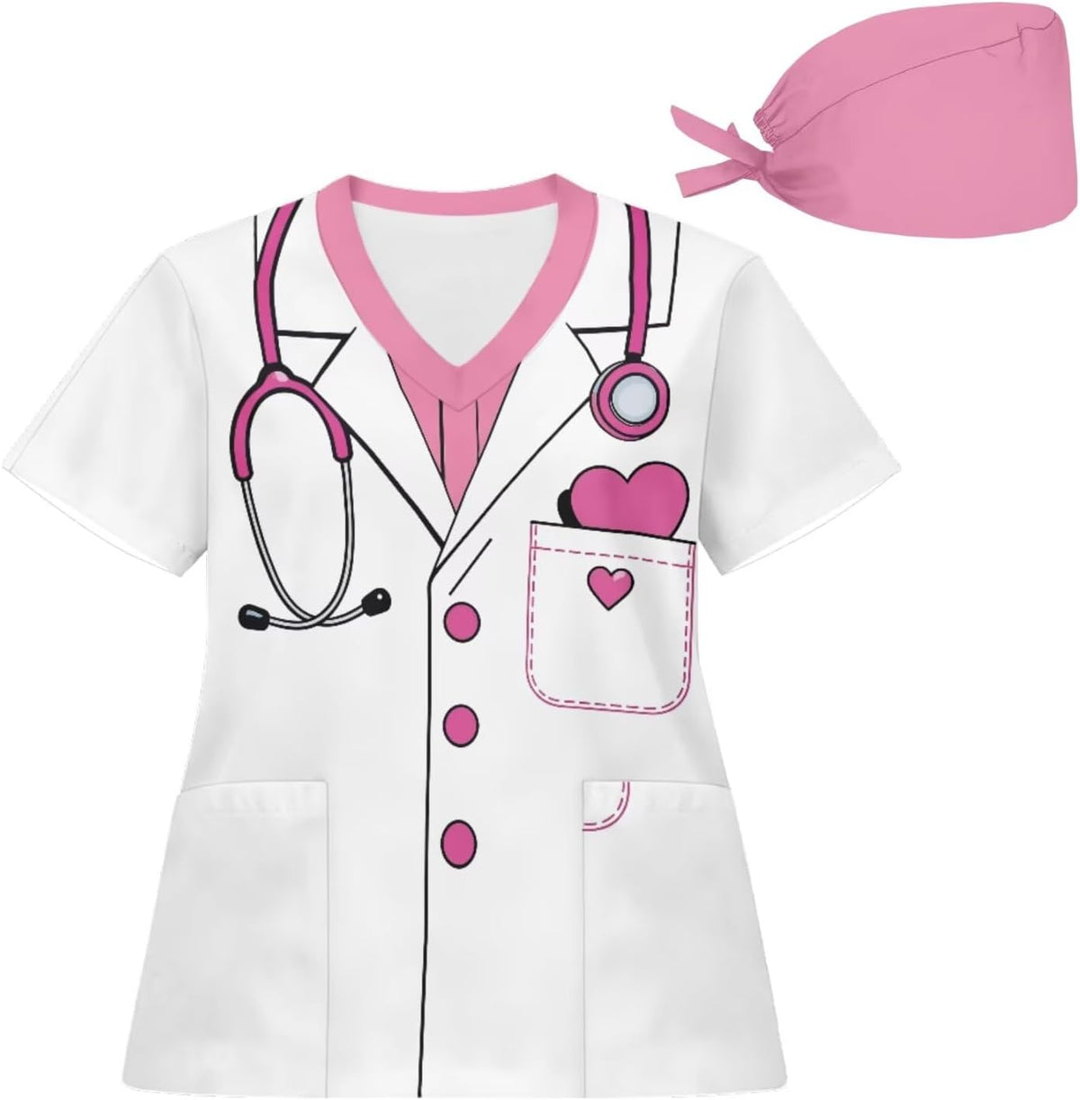 2 Piece Scrub Top and Cap Sets for Women V-Neck Nurse Uniforms Scrubs Shirt Medical Uniforms with Pockets,Size S-5XL - Faux