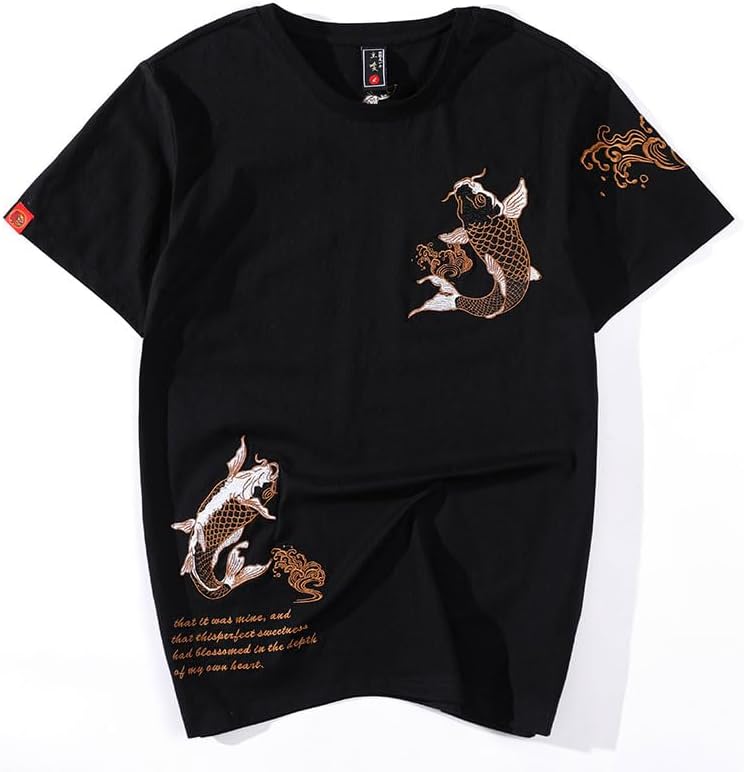 Koi Fish Embroidery T-Shirt for Men Women 100% Cotton - 2012 Black