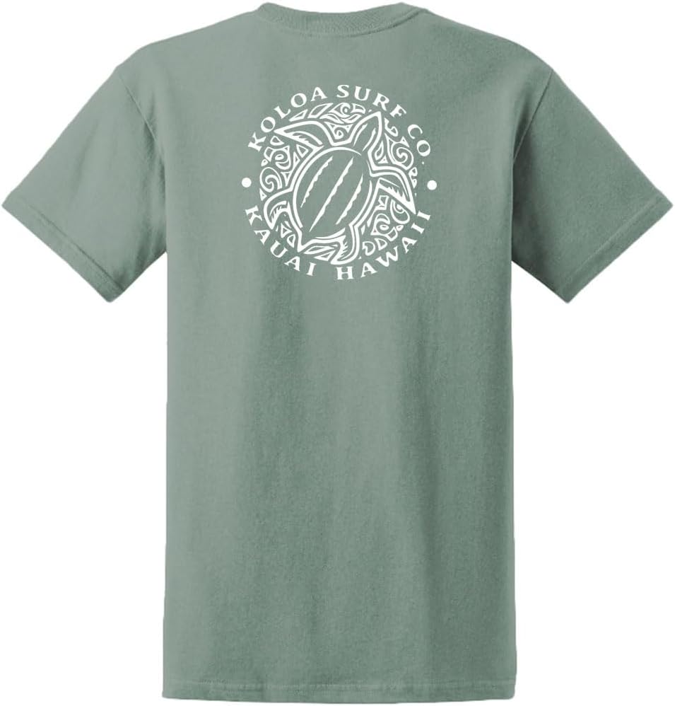 Koloa Surf Hawaiian Honu Turtle Heavyweight Tees in Regular,l Big and Tall Sizes - Stone Green \/ White Honu Turtle