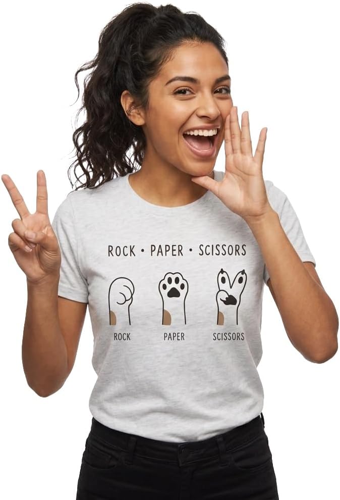 Pawrez Funny Cat T-Shirt for Women - Rock Paper Scissors Cat Paws Graphic Tee - Cute Minimalist Cat Lover Gift - Ice Grey