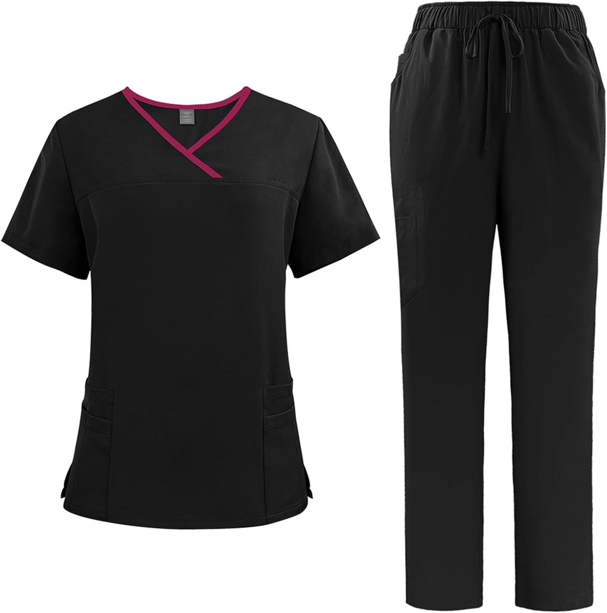 Scrubs for Women Split Suit V-Neck Top Jogging Pants with 4 Pockets Quick Drying Medical Nursing Uniforms DK51 - Black