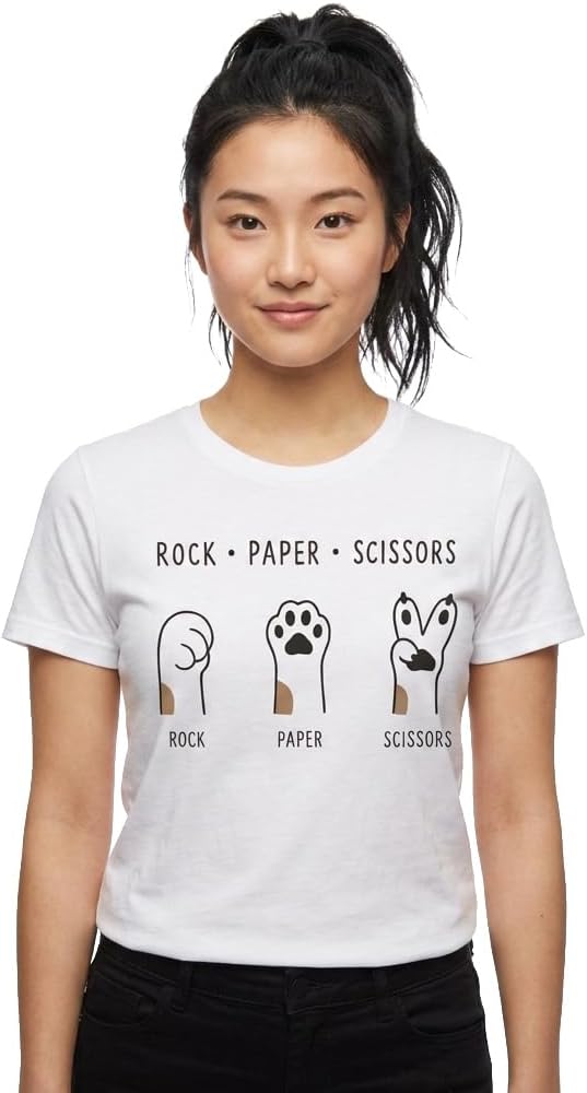 Pawrez Funny Cat T-Shirt for Women - Rock Paper Scissors Cat Paws Graphic Tee - Cute Minimalist Cat Lover Gift - White