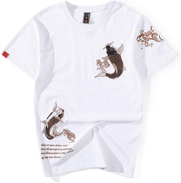 Koi Fish Embroidery T-Shirt for Men Women 100% Cotton - 2012 White