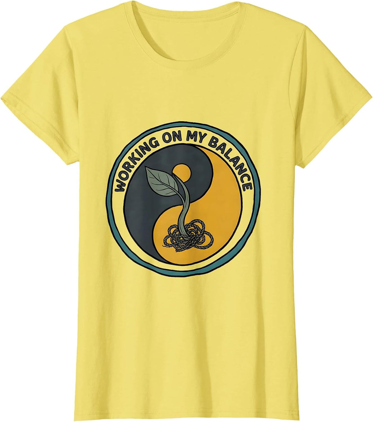Women's Working On My Balance Midcentury Modern Yin Yang Tai Chi T-Shirt - Lemon Yellow
