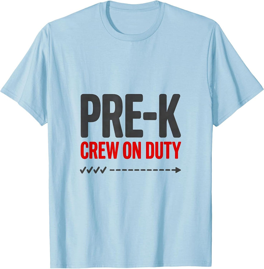 Men's Pre-K Crew On Duty Funny Preschool Teacher Back To School T-Shirt - Baby Blue