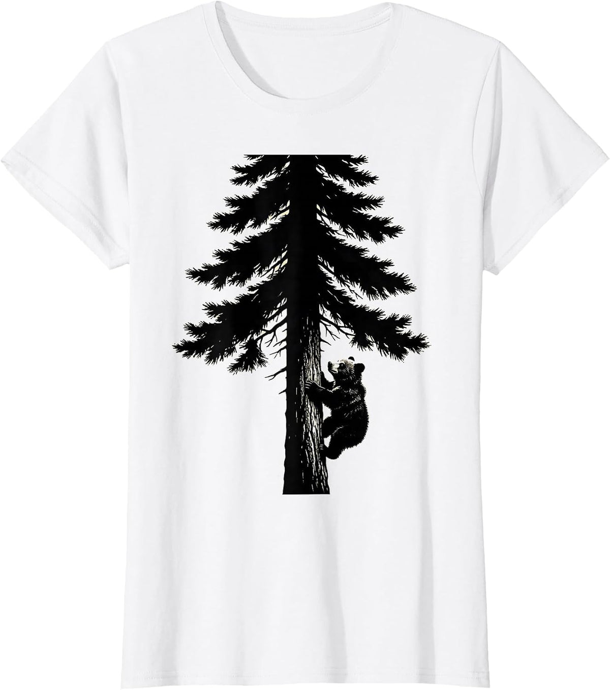 Bear Cub Climbing Pine Tree Nature Illustration T-Shirt - White