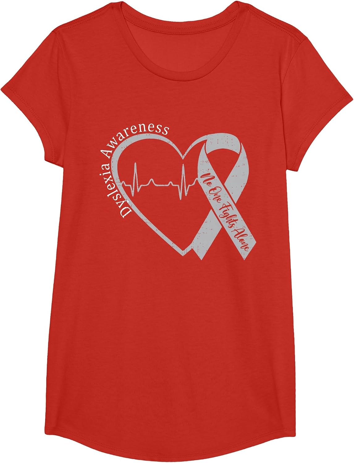 Dyslexia Awareness Heart Ribbon Silver Specialist Support T-Shirt - Girls Red