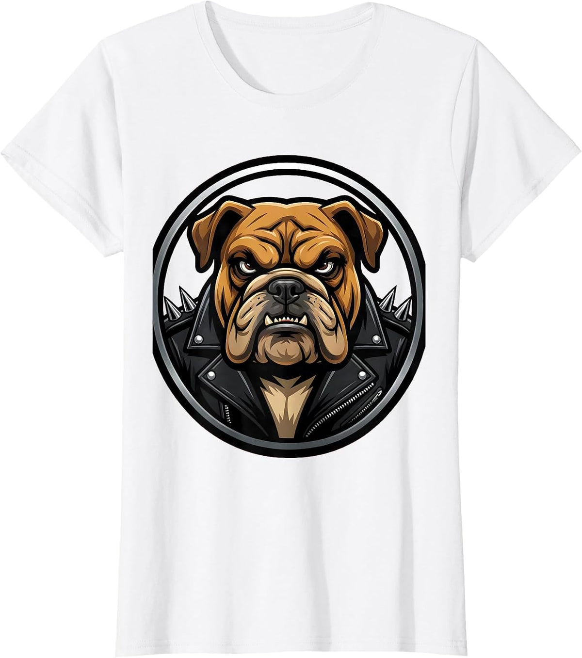 Bulldog Biker Spiked Leather Jacket Graphic T-Shirt - White