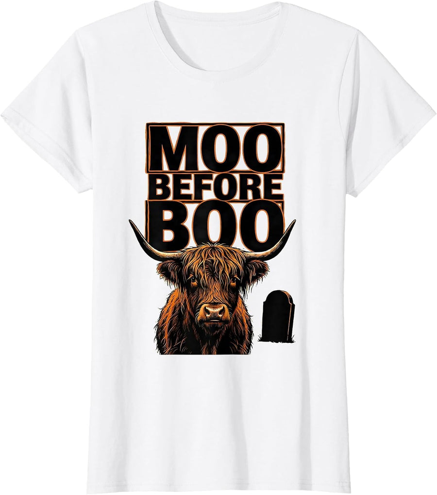 Women's Moo Before Boo Wood Type Letterpress Highland Cow Halloween T-Shirt - White