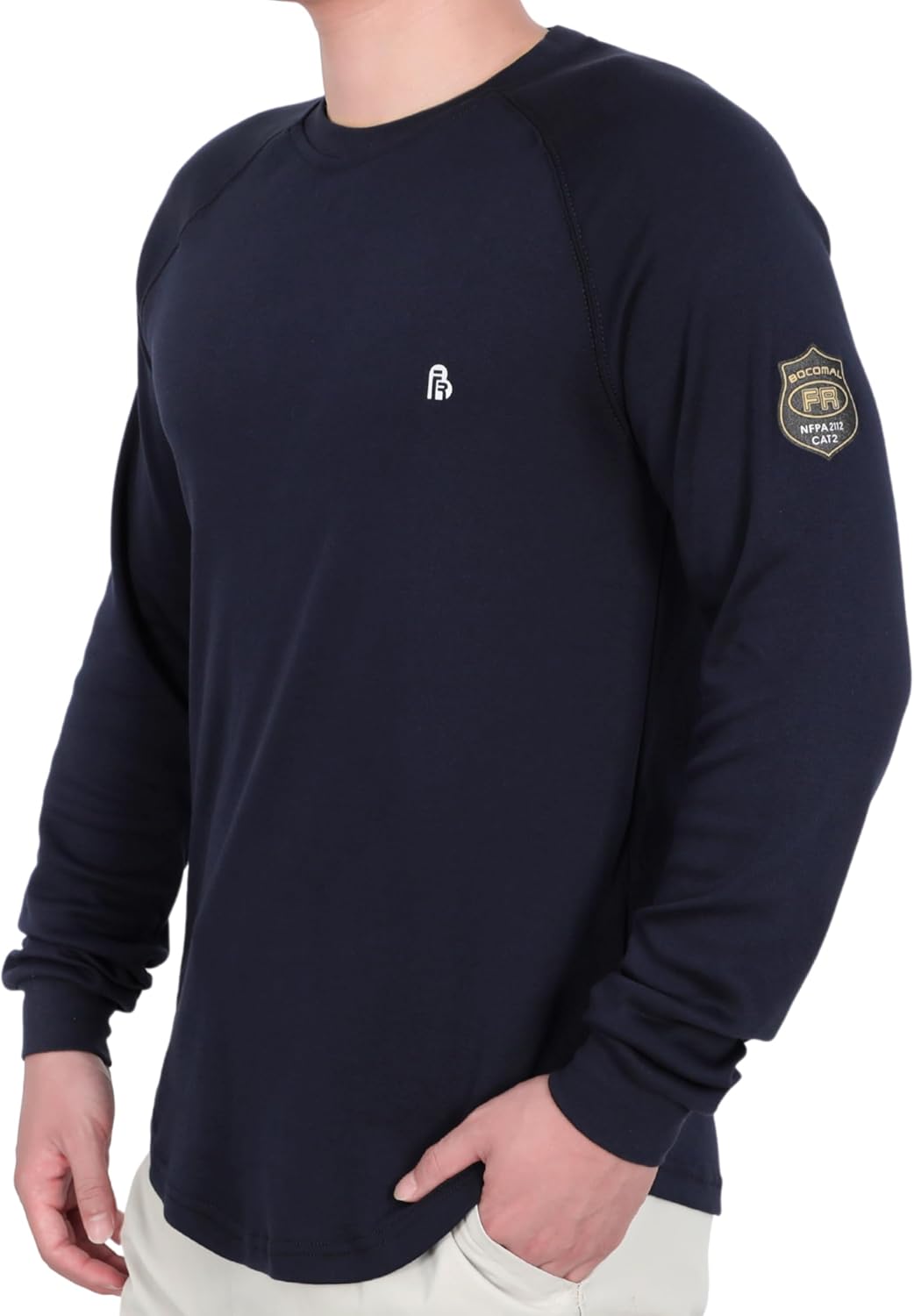 BOCOMAL FR Shirts for Men Heavyweight Flame Resistant Pocket-Free Crewneck - Navy