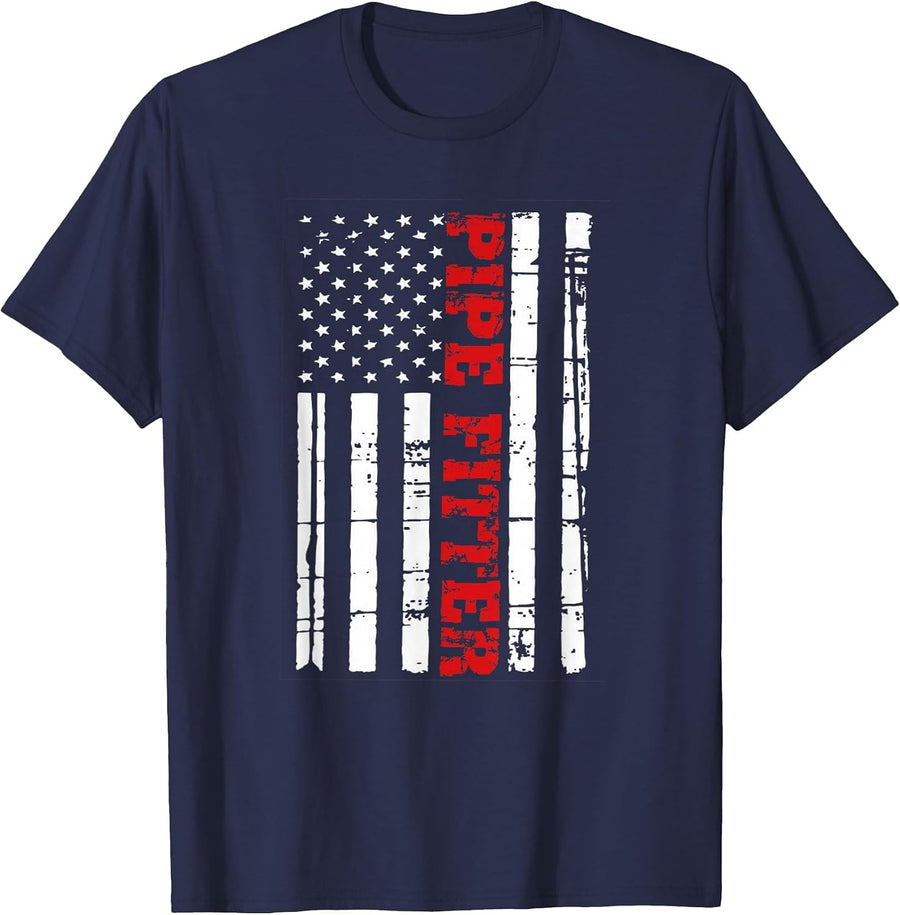 Pipe Fitter American Flag Shirt Patriotic Welder Pipefitter T-Shirt - Navy Blue