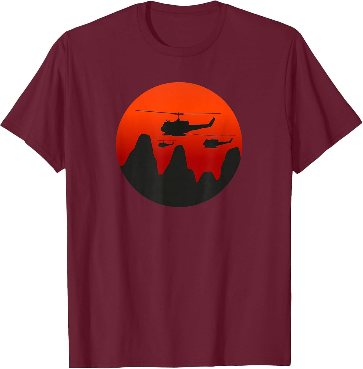 UH-1 Huey Retro Helicopter Vintage Sunset Vietnam Chopper T-Shirt - Burgundy