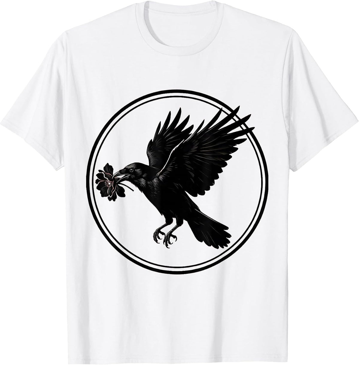 Men's Crow With Flower in Beak Illustration T-Shirt - White