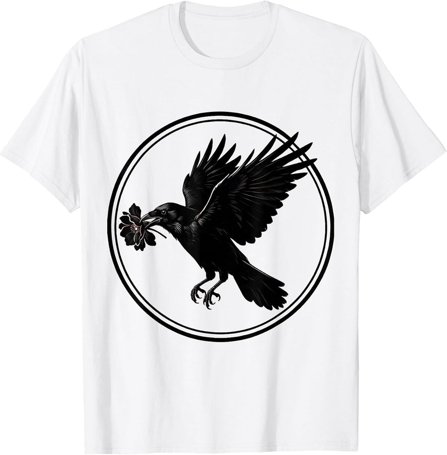 Men's Crow With Flower in Beak Illustration T-Shirt - White