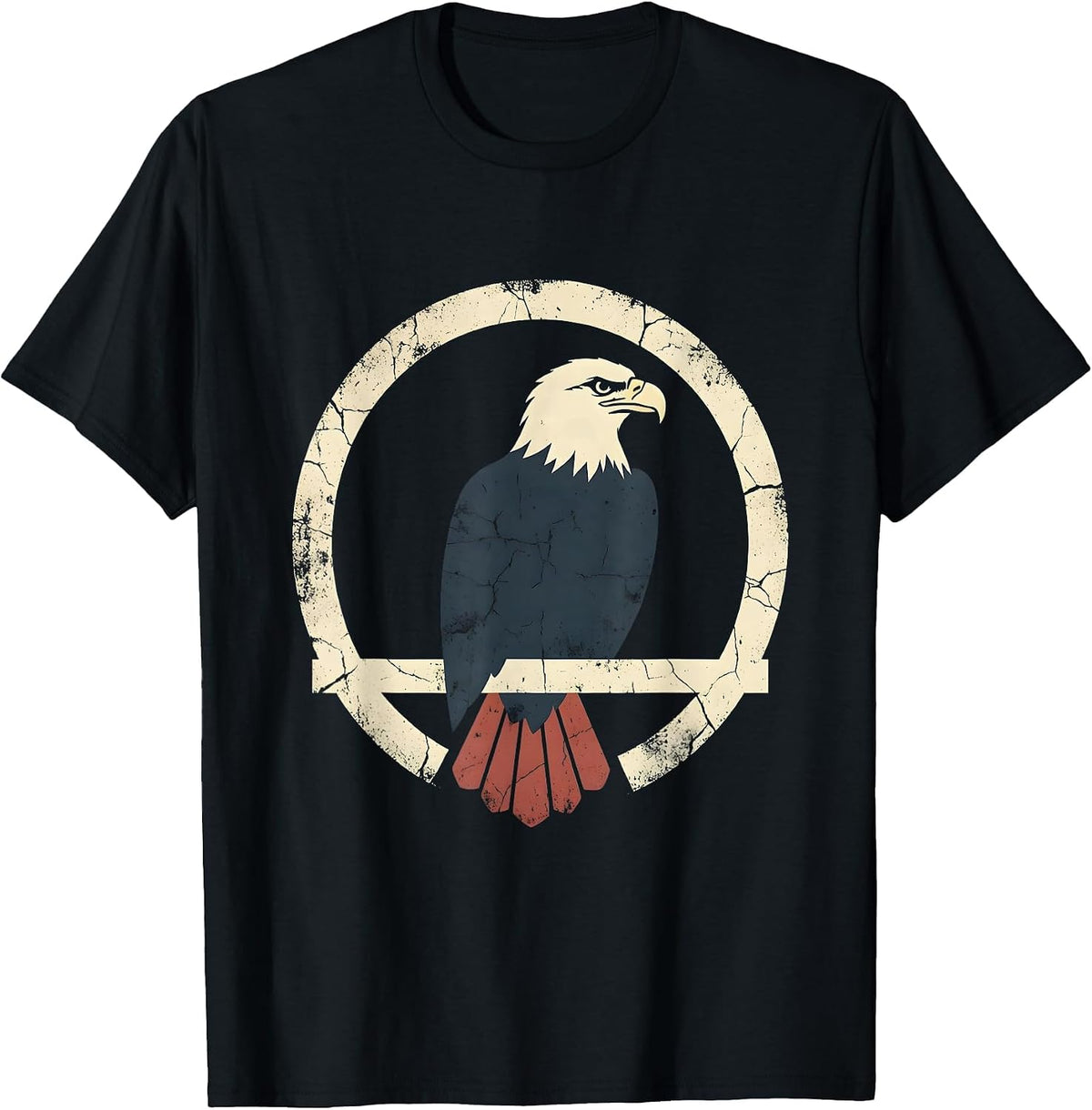 Men's Red White and Blue Bald Eagle Perched on Branch T-Shirt - Black