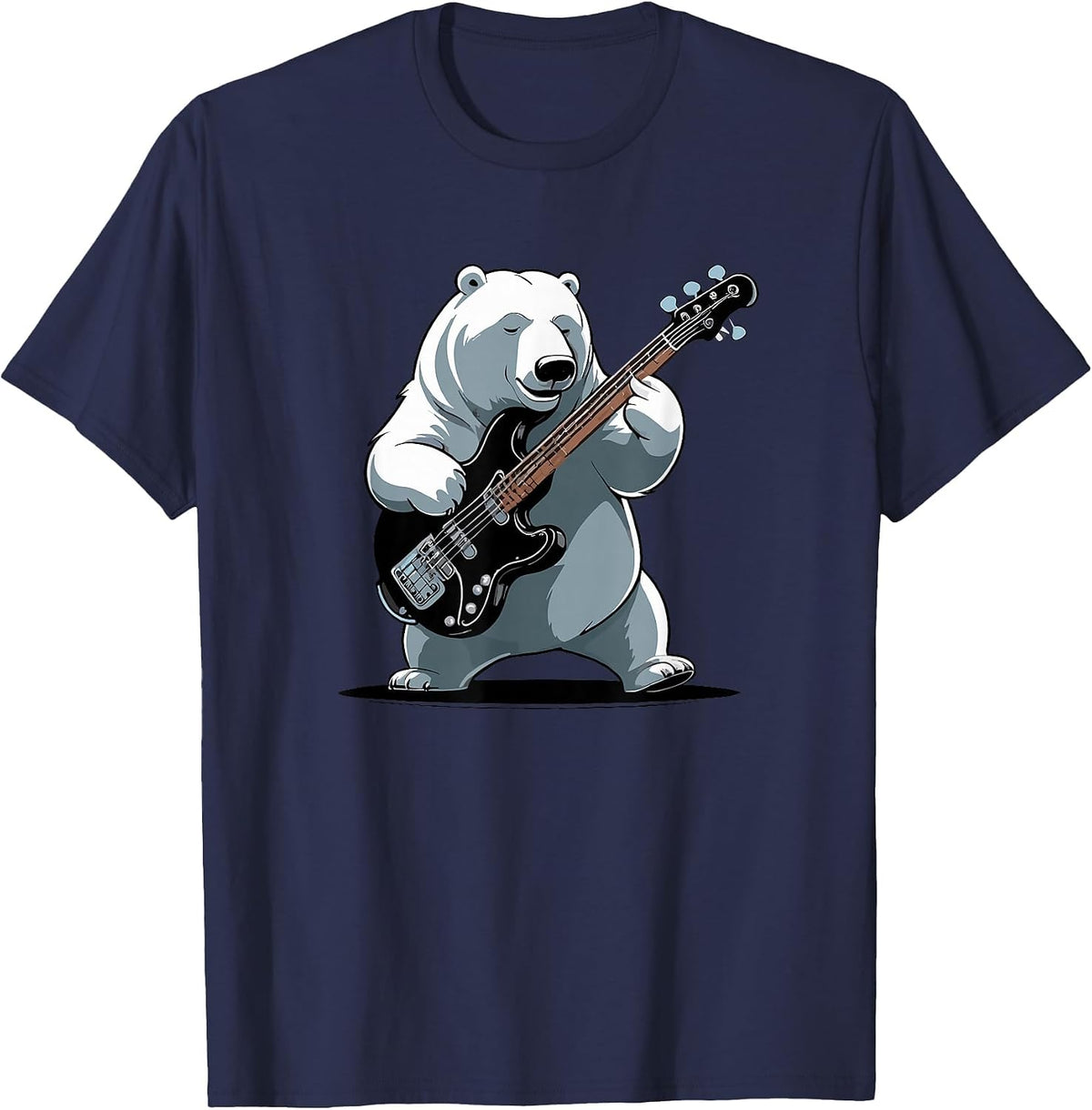 Bear Playing Bass Guitar, Polar Bear Guitarist T-Shirt - Navy Blue