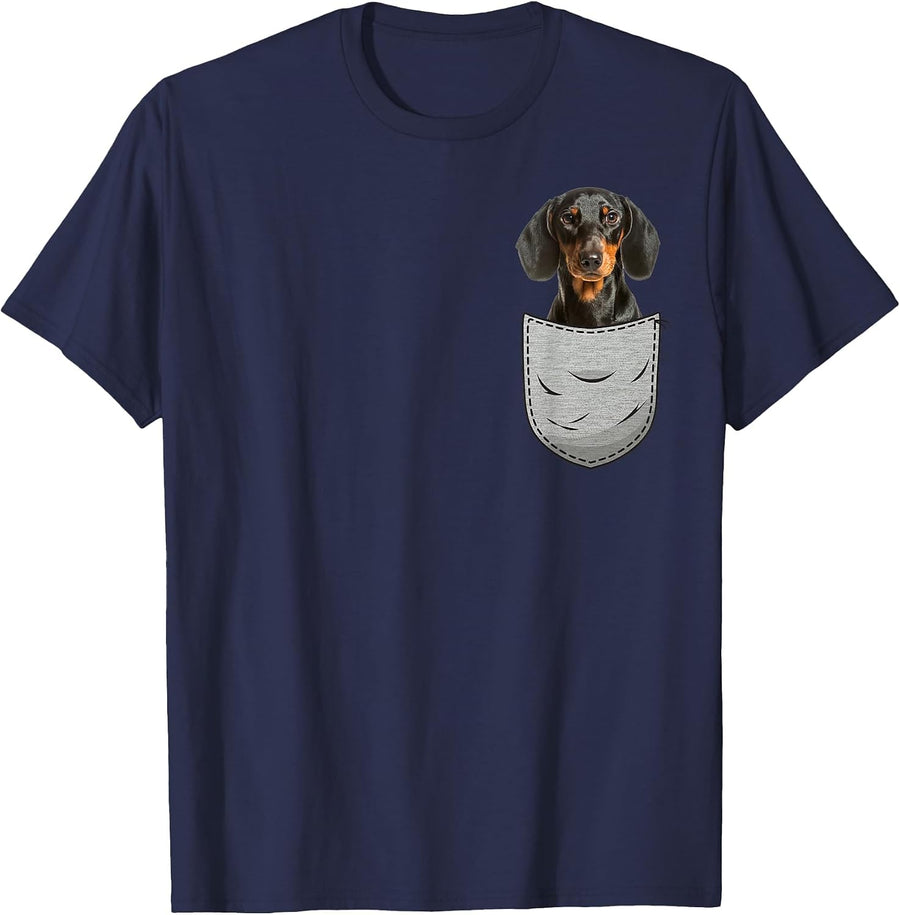 Dachshund Cap Dachshund Chest Bag Pocket Dog Owners T-Shirt - Navy Blue