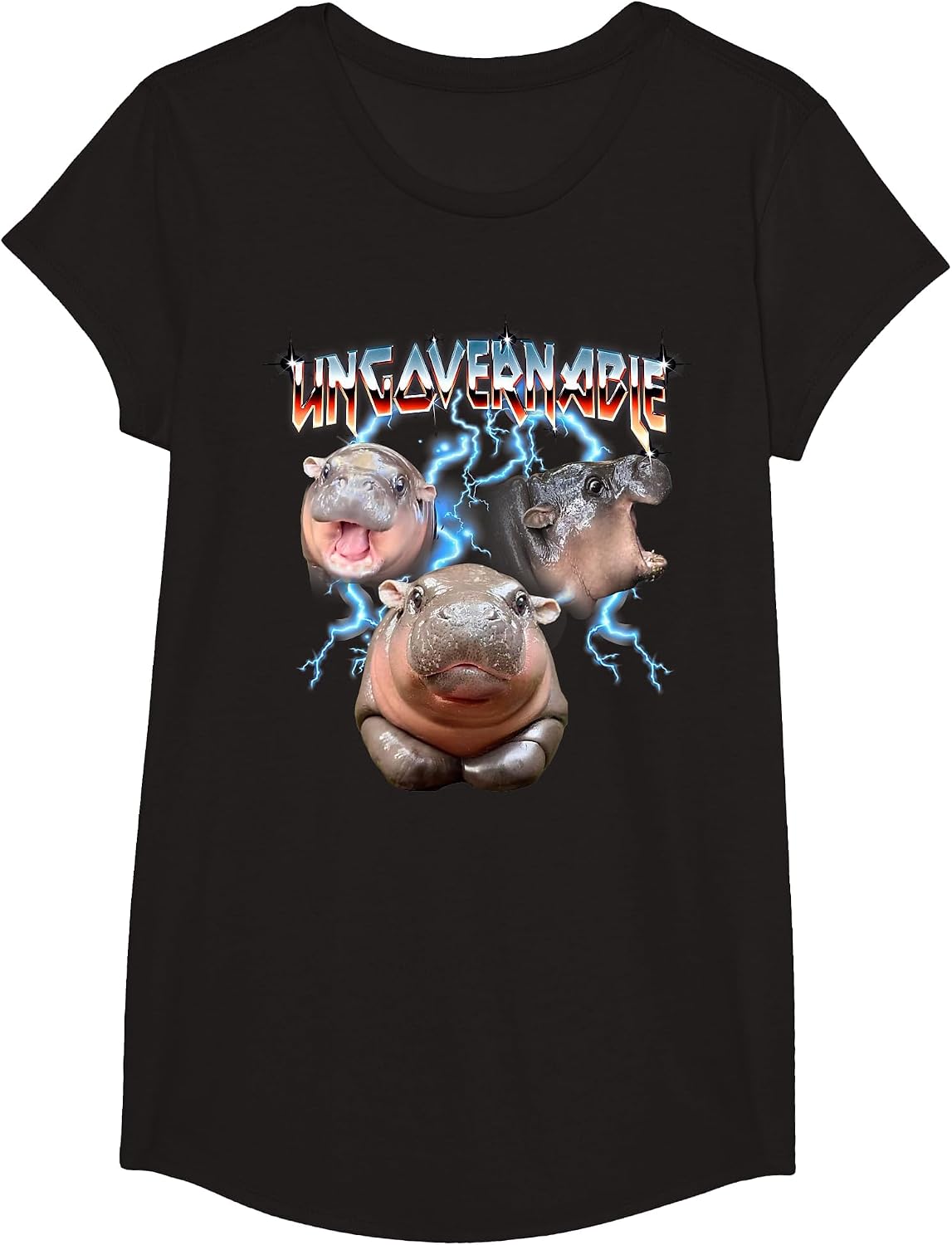 Ungovernable Baby Pygmy Hippo Heavy Metal T-Shirt - Girls Black
