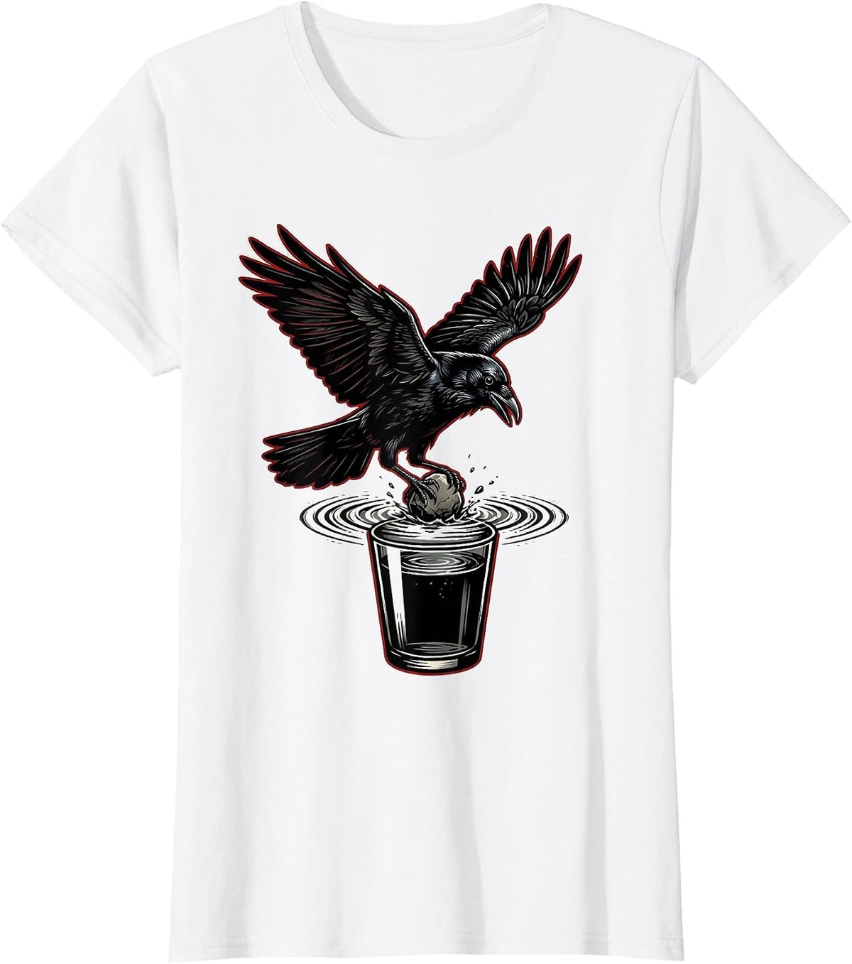 Women's Clever Crow Dropping Stone Into Water Glass T-Shirt - White