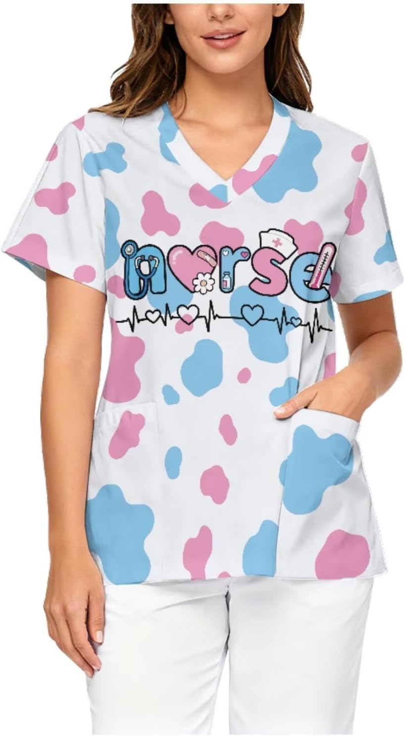 V Neck Scrub Tops Short Sleeve Nursing Uniforms - Cow Print