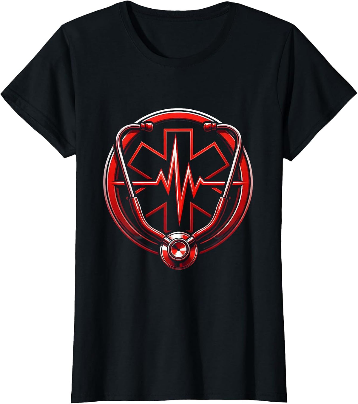 EMT Stethoscope Heartbeat Line Graphic T-Shirt - Black