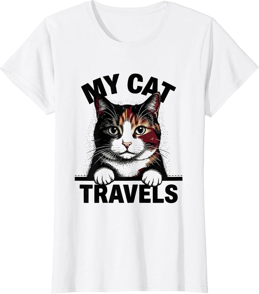 Women's My Cat Travels Funny Cat Lover Novelty Pet Portrait T-Shirt - White