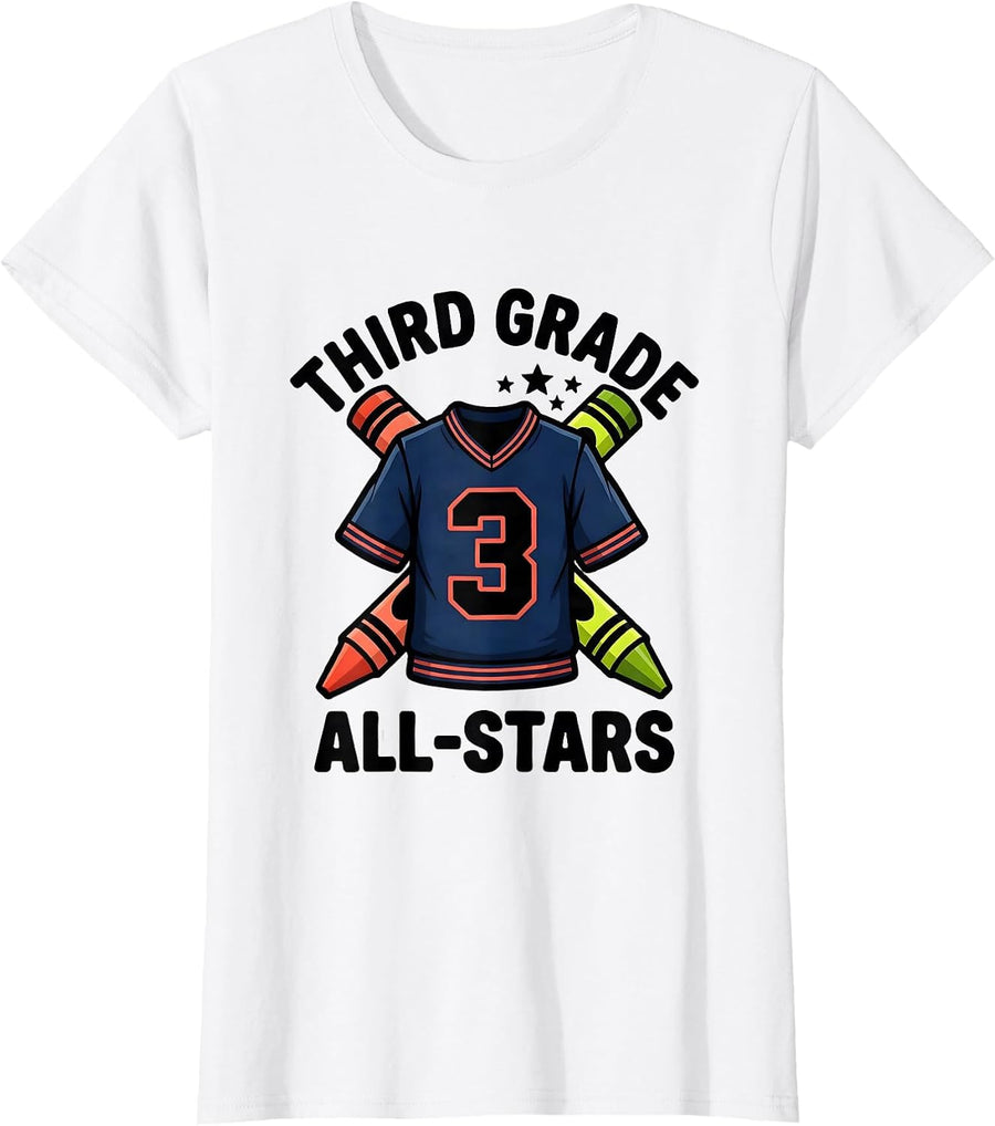 Women's Third Grade All-Stars Cartoon Teacher Student Back To School T-Shirt - White