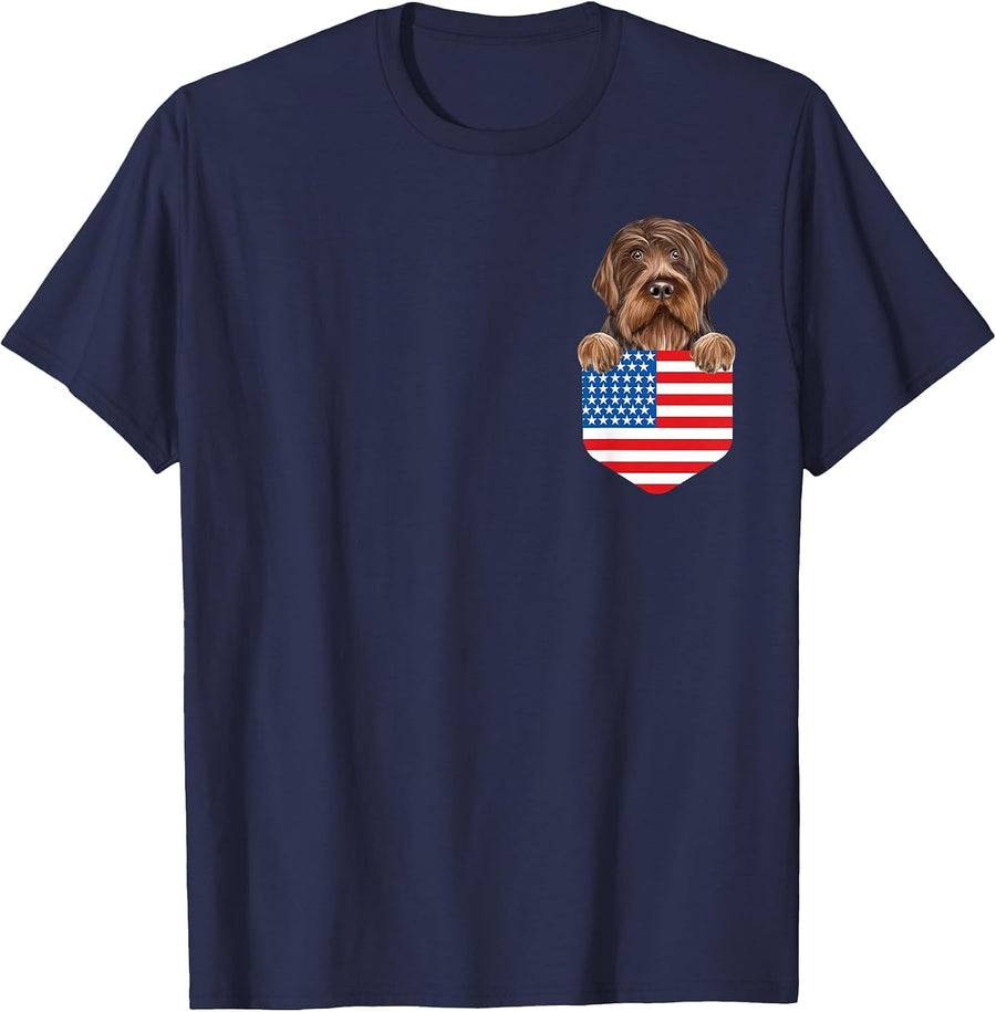 America Flag Wirehaired Pointing Griffon Dog in Pocket T-Shirt - Navy Blue
