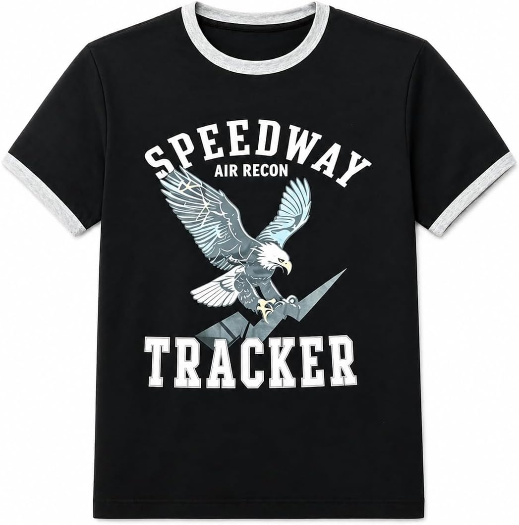 Men's Soft Cotton Short Sleeve Graphic Print Ringer T-Shirt, Casual Summer Eagle-Patterned Tee for Daily Wear - Black
