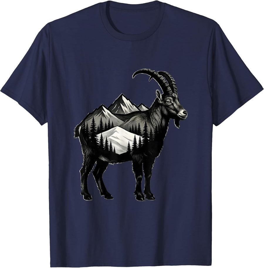 Mountain Goat Silhouette Vintage Hiking Nature Enthusiast T-Shirt - Navy Blue