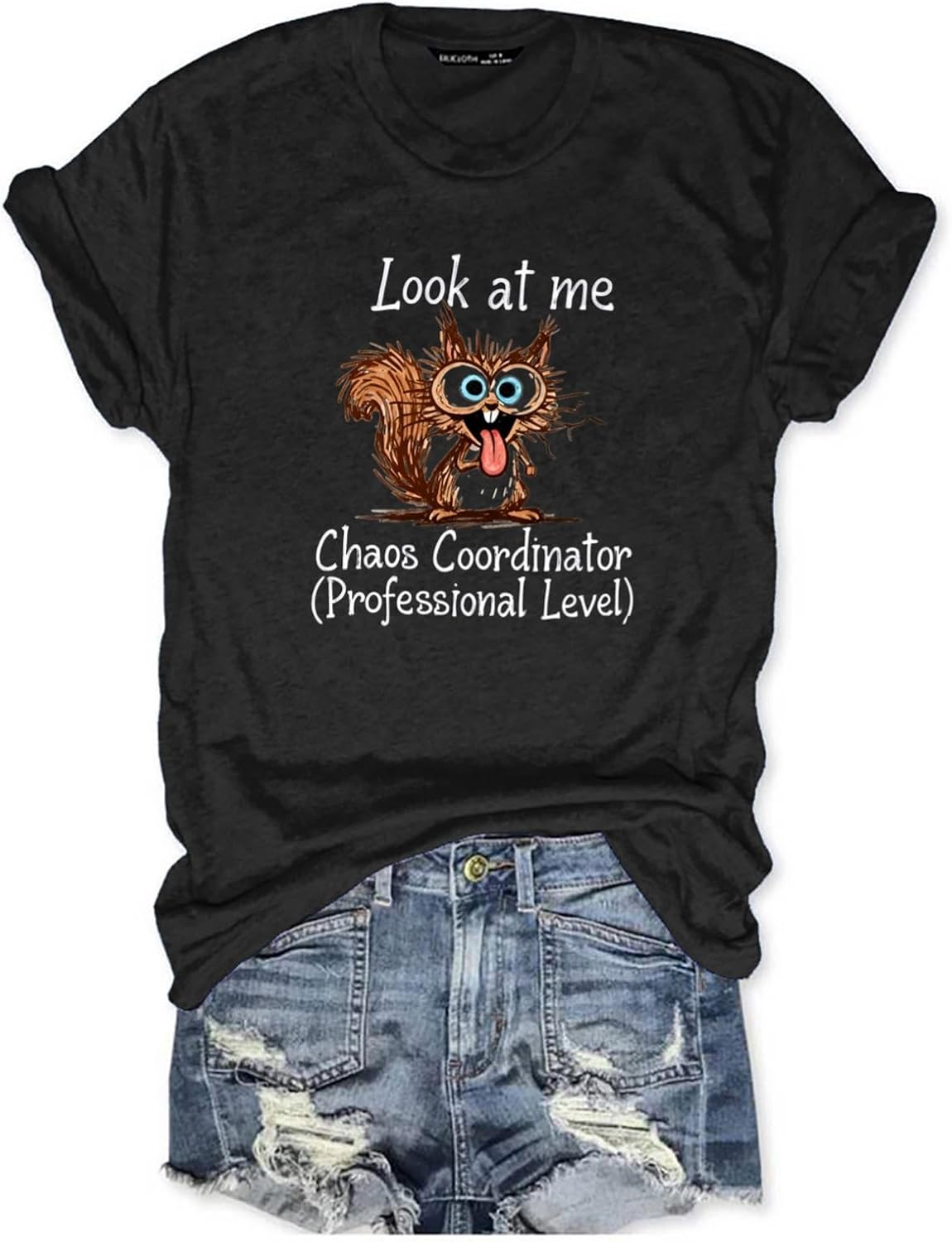 Women's Funny Chaos Coordinator Squirrel Graphic Tees Short Sleeve Tops - Black