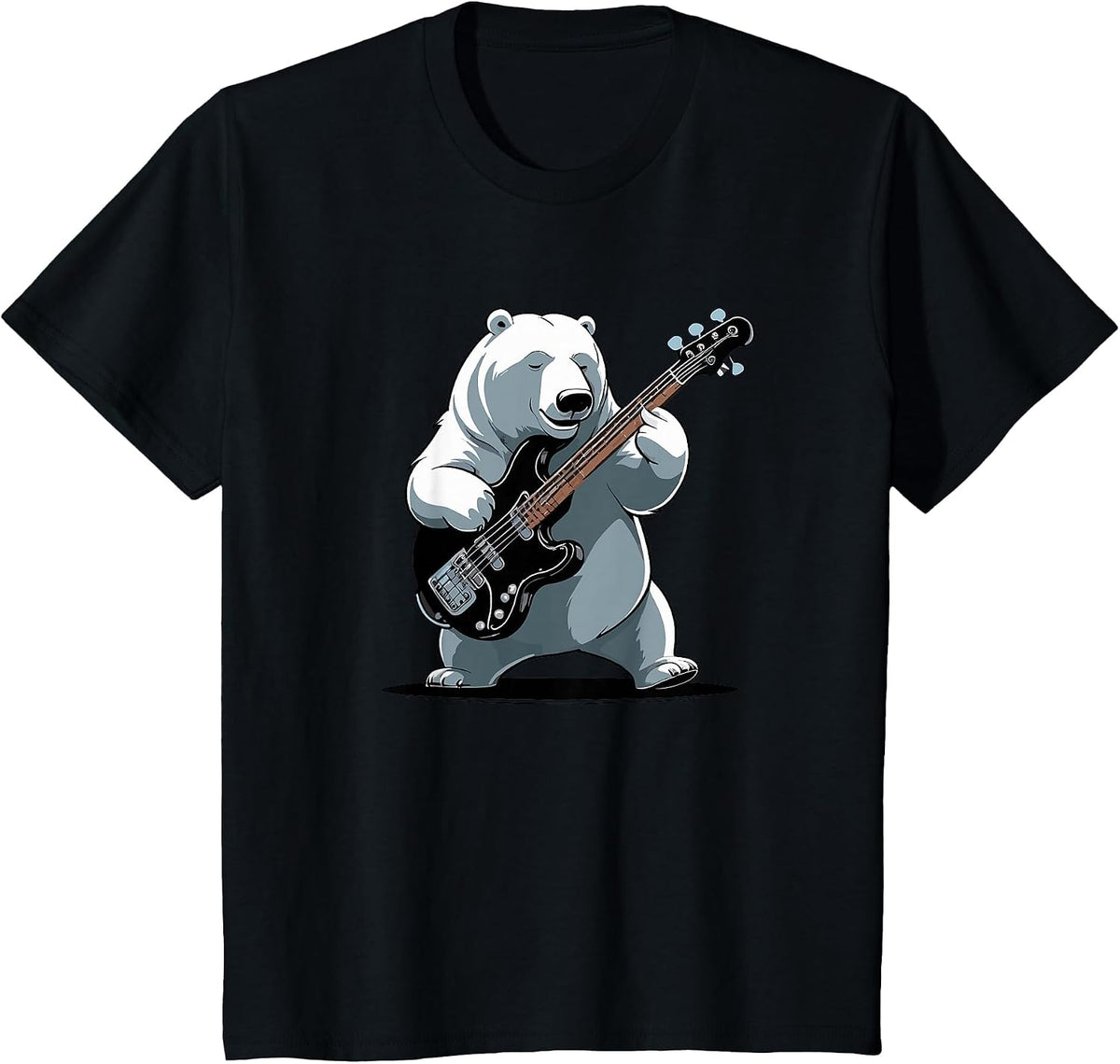 Bear Playing Bass Guitar, Polar Bear Guitarist T-Shirt - Black