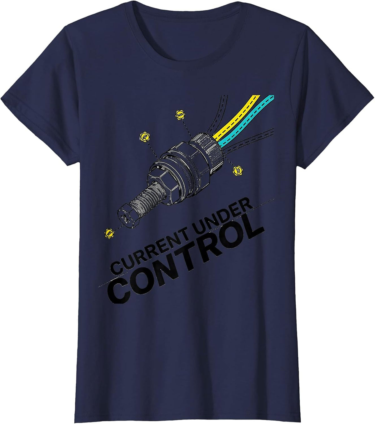 Women's Current Under Control Funny Electrician Trade Skeleton Humor T-Shirt - Navy Blue