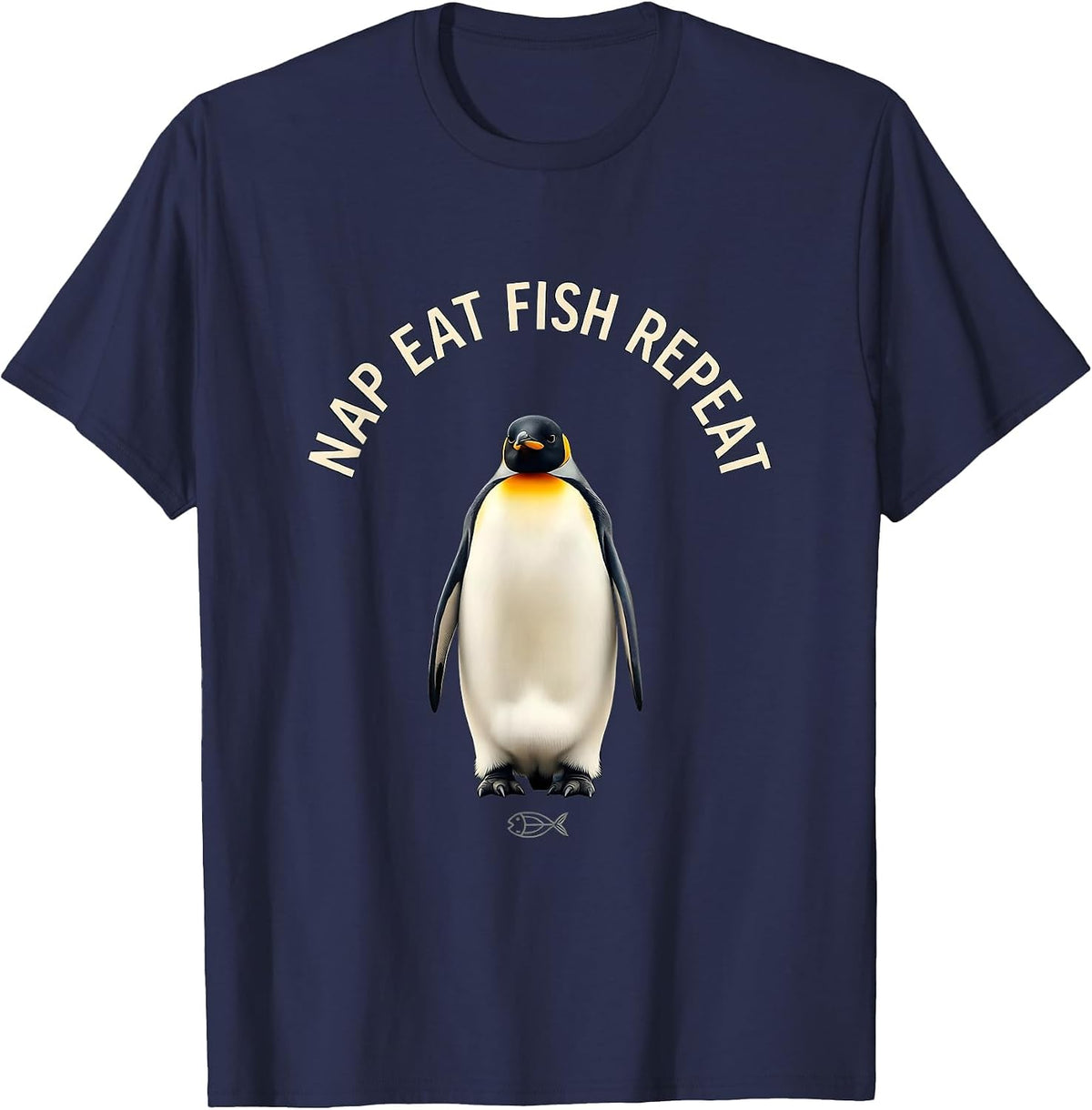 Nap Eat Fish Repeat Funny Penguin Design T-Shirt - Navy Blue