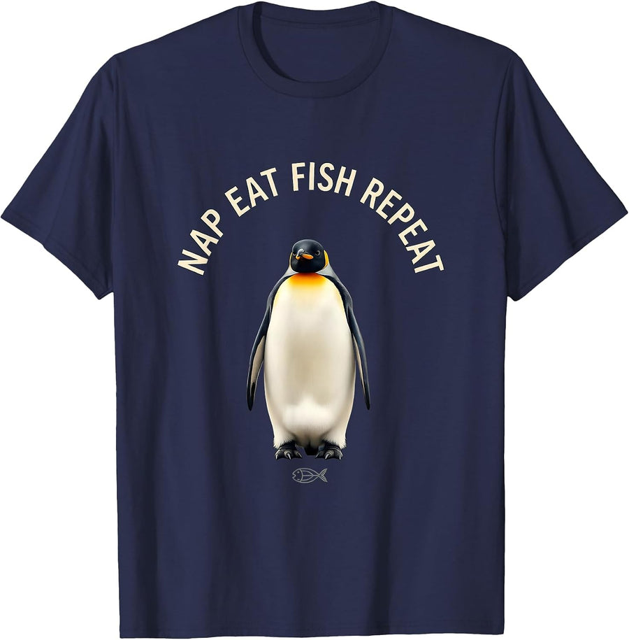 Nap Eat Fish Repeat Funny Penguin Design T-Shirt - Navy Blue
