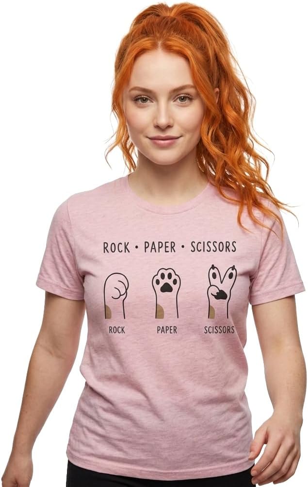 Pawrez Funny Cat T-Shirt for Women - Rock Paper Scissors Cat Paws Graphic Tee - Cute Minimalist Cat Lover Gift - Light Pink