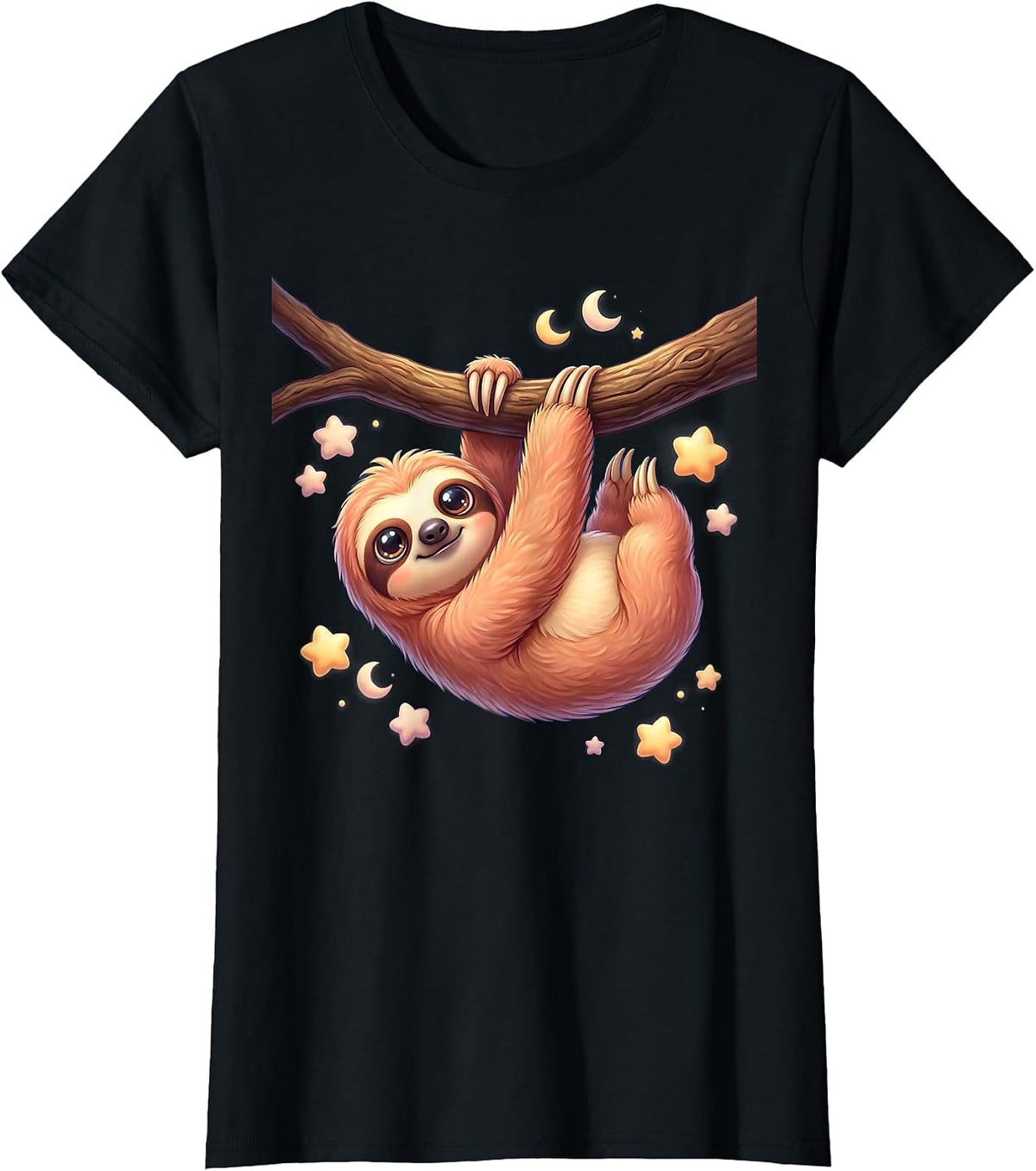 Women's Sloth Hanging From Branch Under Starry Night Sky T-Shirt - Black