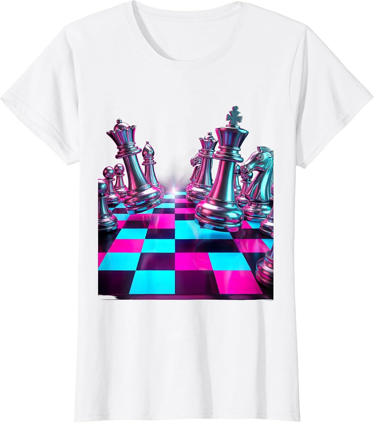 Women's Chess Pieces Scattered Checkered Board Graphic T-Shirt - White