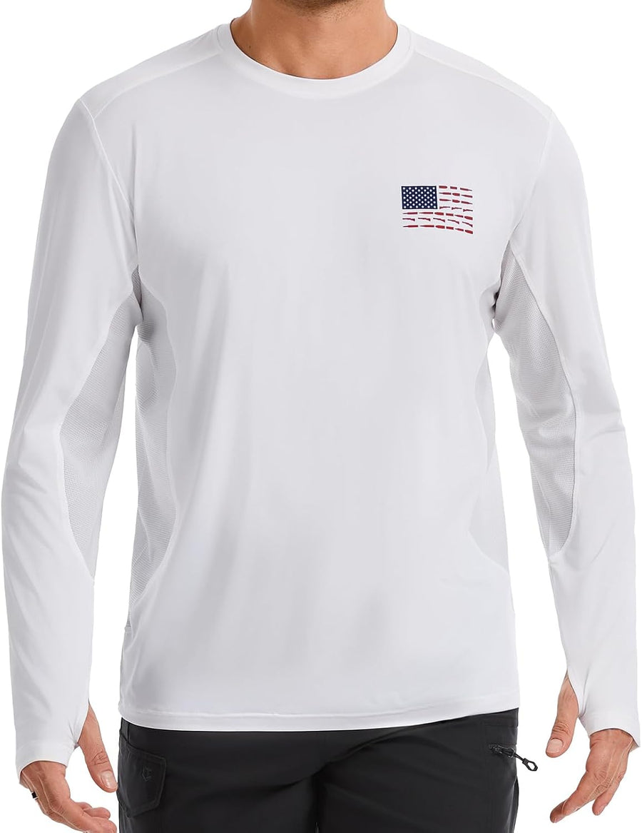 Men's UPF 50+ Tactical Long Sleeve Shirts with Flag Design Quick Dry Lightweight T-Shirts for Shooting, Hiking - White