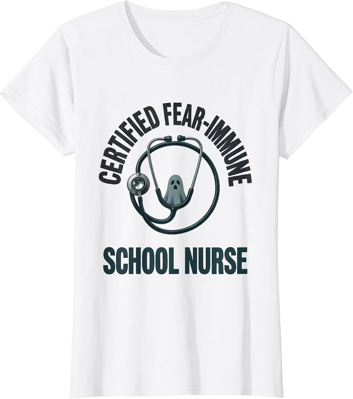 Certified Fear-Immune: School Nurse Minimalist Halloween T-Shirt - White
