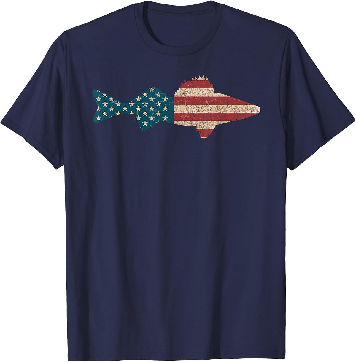 Walleye Fishing American Flag Sauger Angling T-Shirt - Navy Blue