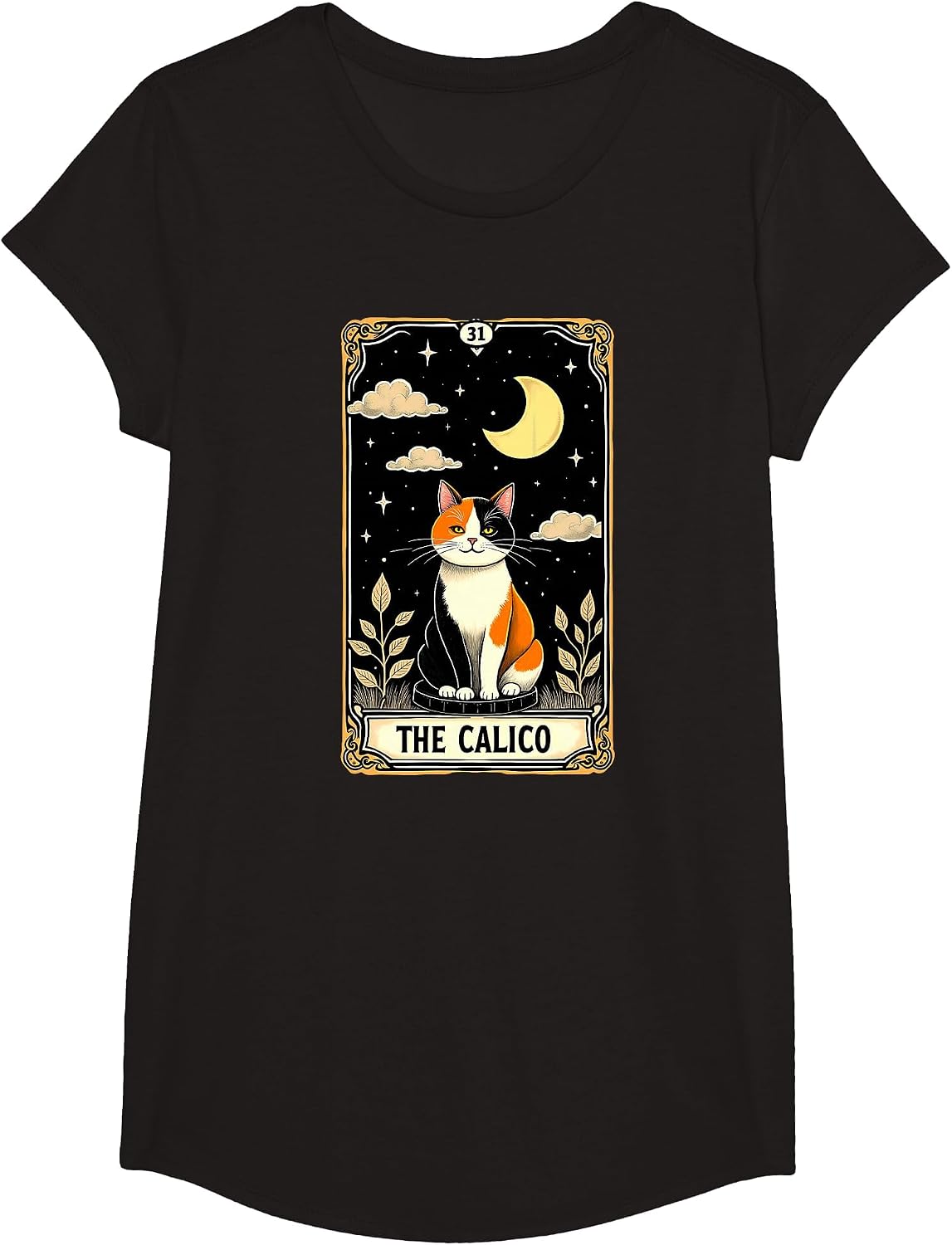 Gothic Moon Tarot Card Calico Cat T-Shirt - Girls Black