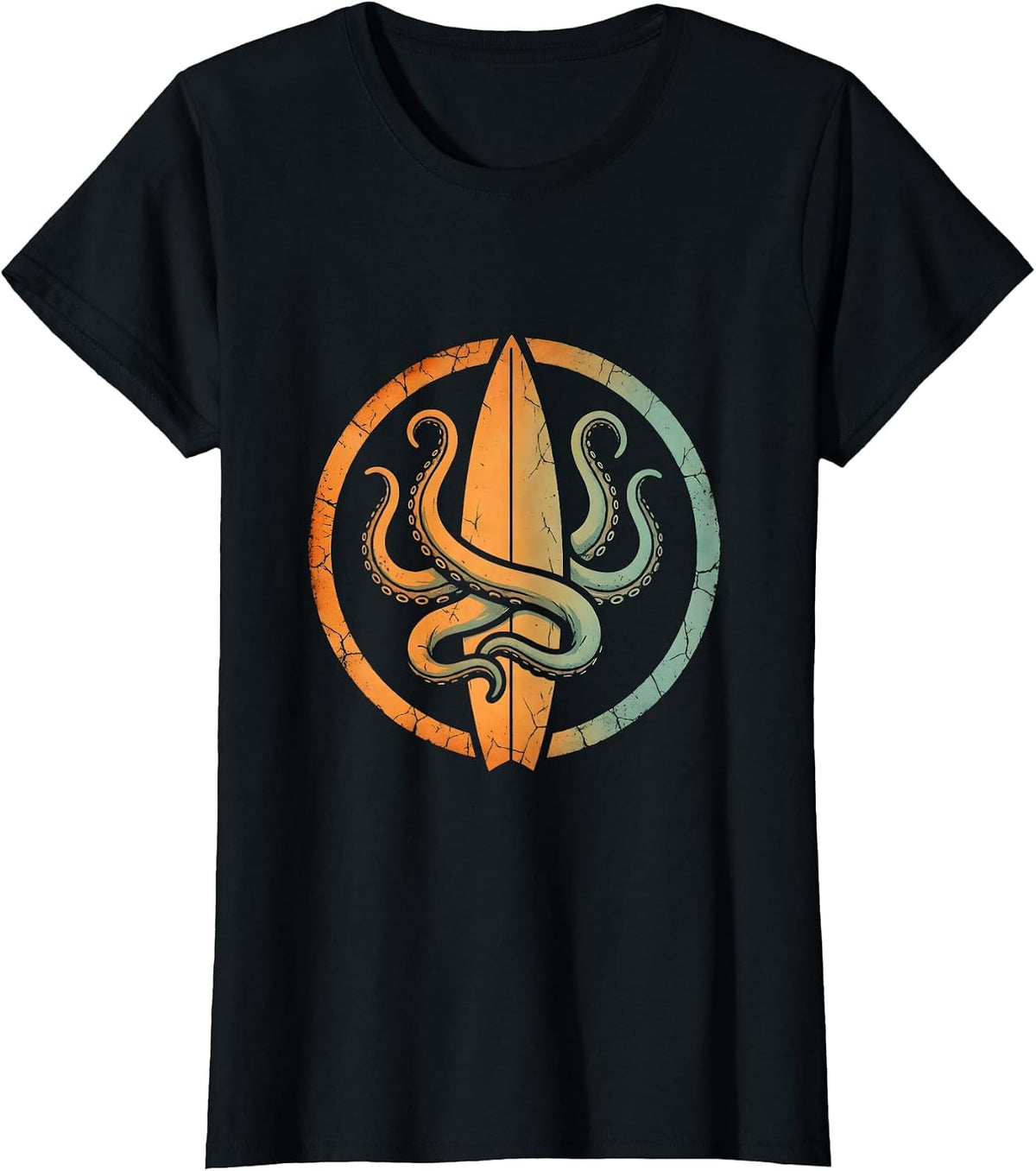 Octopus Surfboard Fin Surf Art Graphic Tee T-Shirt - Black