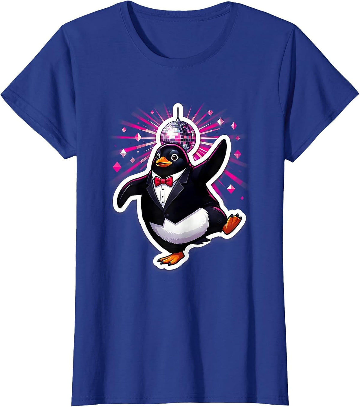 Women's Penguin in Tuxedo Dancing Under Disco Ball T-Shirt - Royal Blue